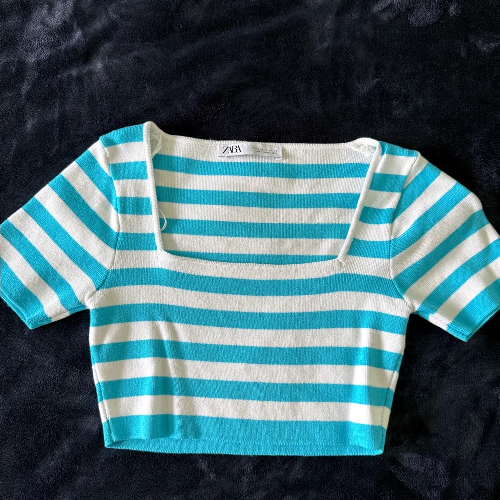 Zara Teal and White Striped Top